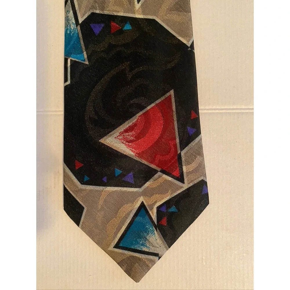 Domani Mens Geometric Abstract Silk Blend Tie Black Red Teal 90s Retro 4 Inch
